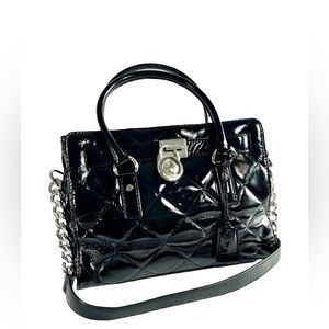 Michael Kors Large Black Patent Quilted Leather Satchel Tote Shoulder Bag Purse